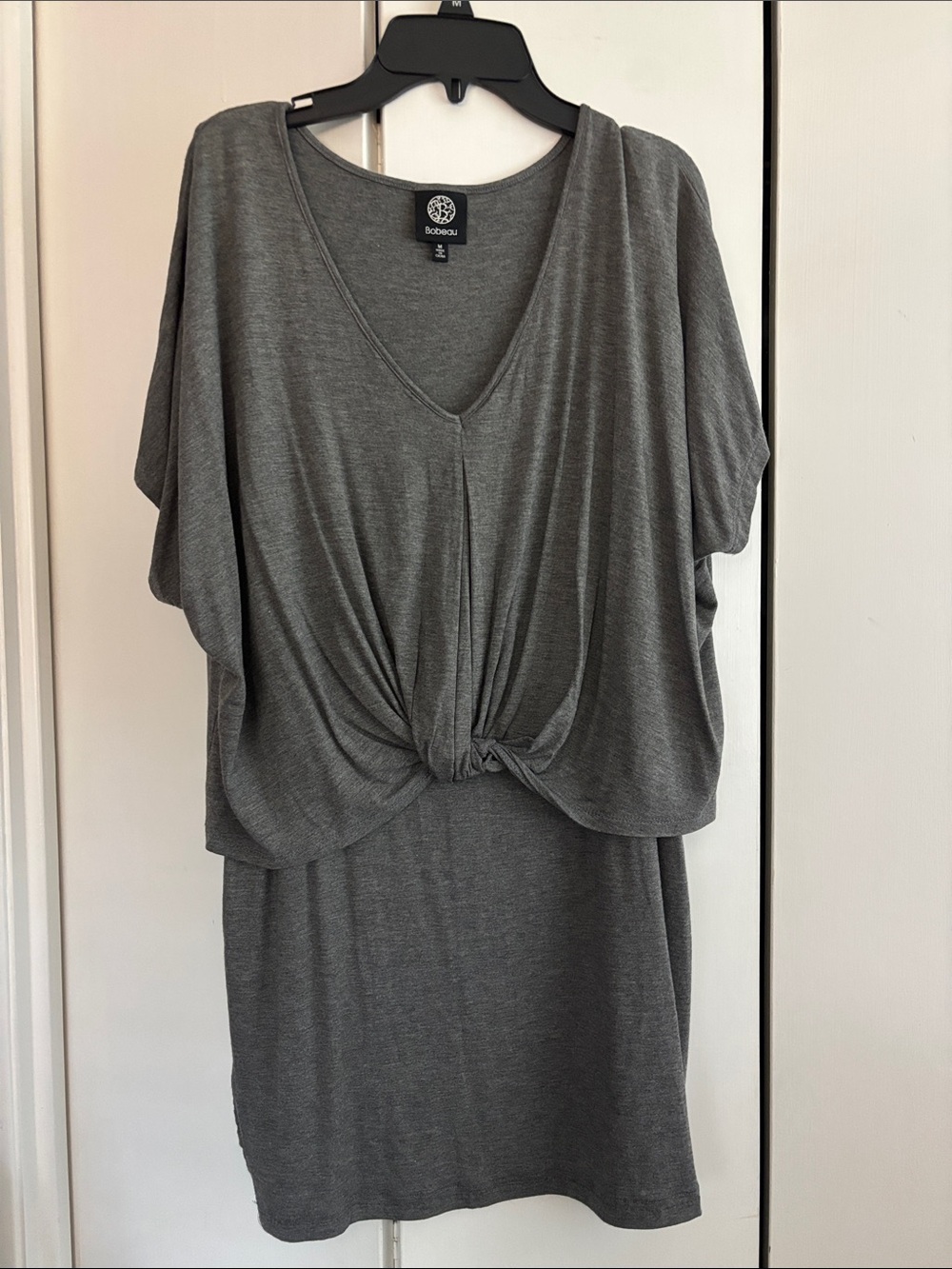 bobeau Gray V-Neck Knot Front Dolman Sleeve dress